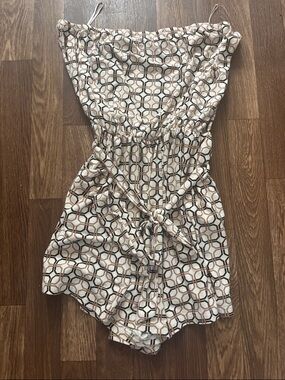 Strapless Geometric Print Romper in Cream and Brown